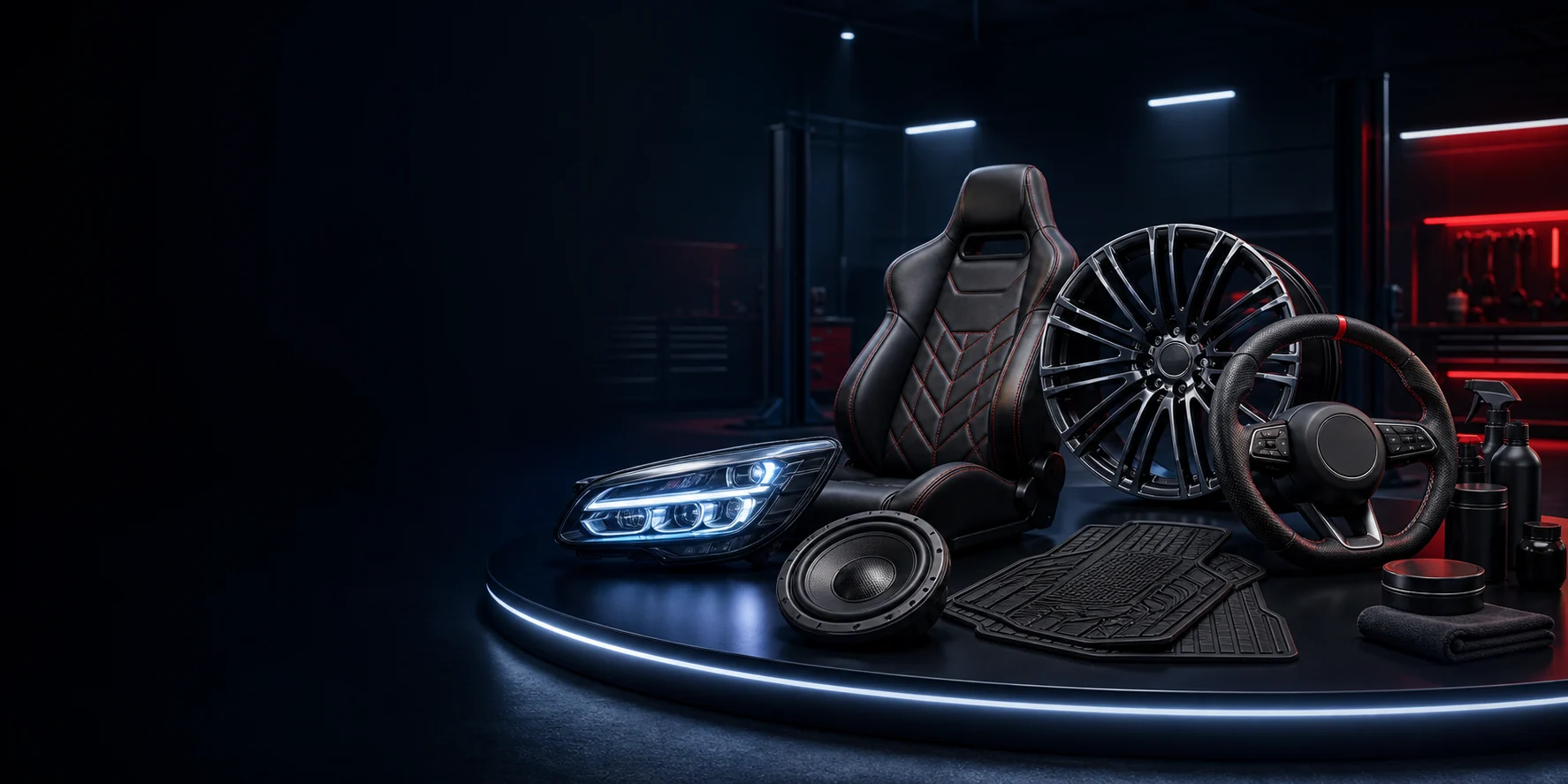 Accesorios automotrices premium en exhibición